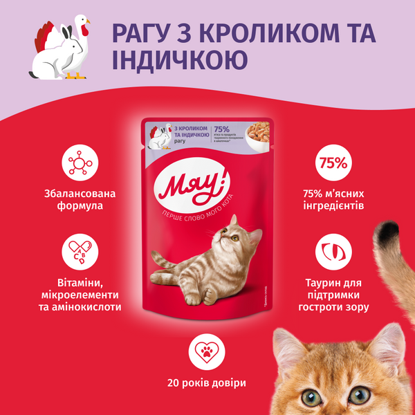 Вологий корм Мяу  для котів рагу кролик-індичка pln23214 фото